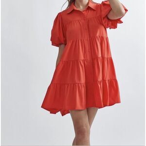 Entro Womens Rust Puff Sleeve Tiered Dress Sz Large NEW
